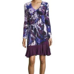 Roberto Cavalli Purple Abstract Jersey Dress V-Neck Ruffle Hem Italy Maximalist